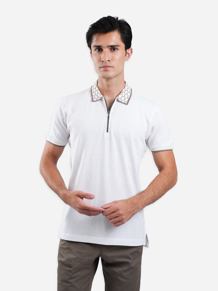 Brumano  Solids Cotton Polo White Zipper Polo With Jacquard Collar