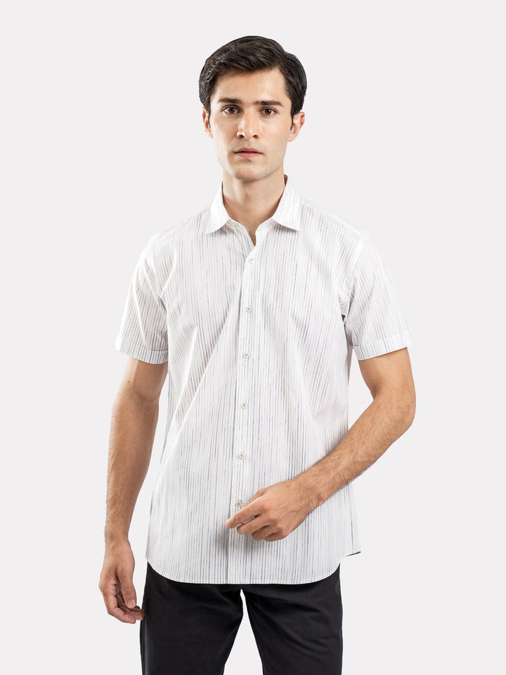 Brumano Ready To Wear Shirts Men 1 Piece Cotton White & Black Striped Half Sleeve Formal Shirt 0-33-025-3365 - Summer Collection