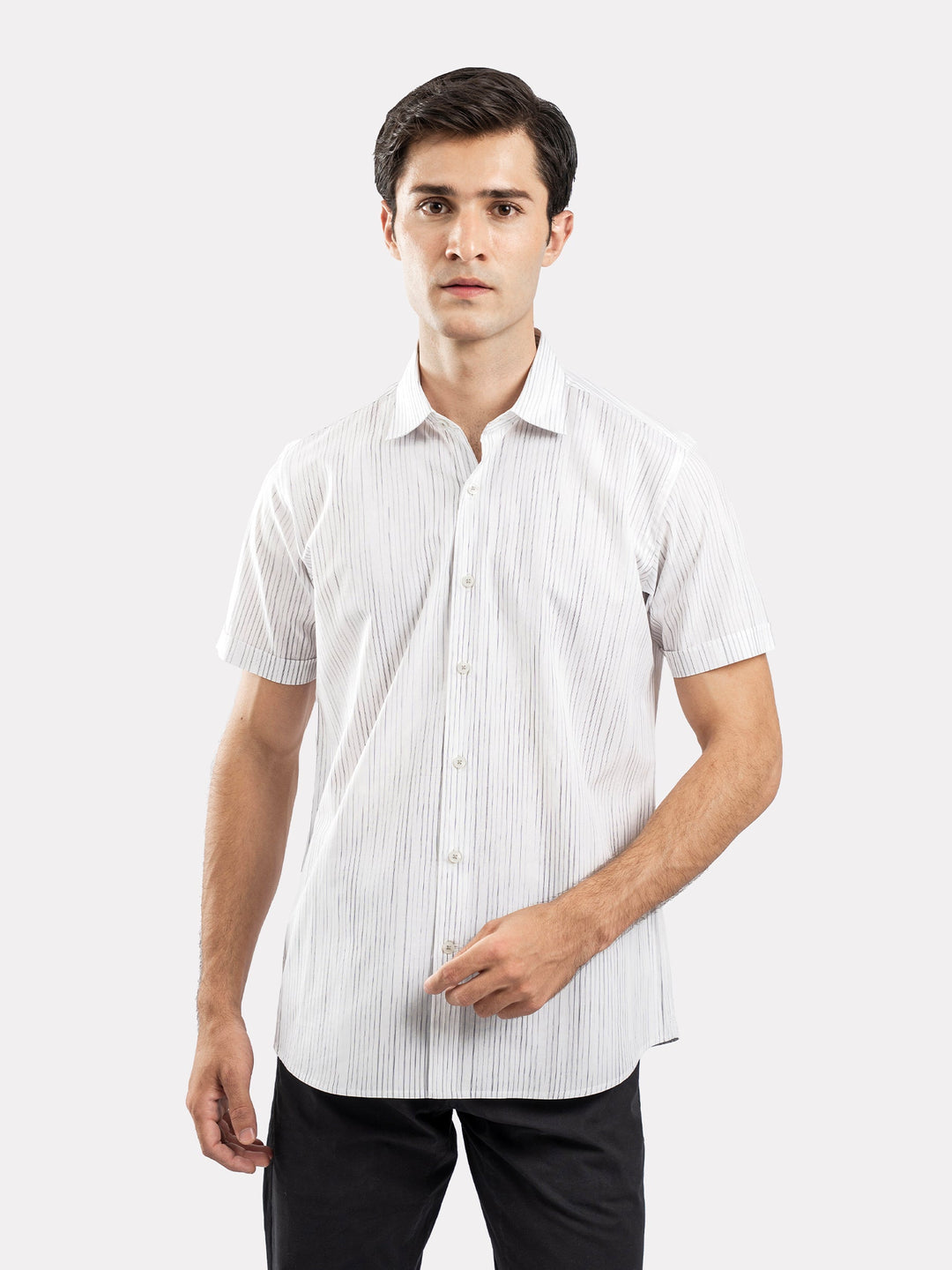 Brumano Mens RTW Solids Cotton Shirt Black N White Half Sleeve Casual Collection