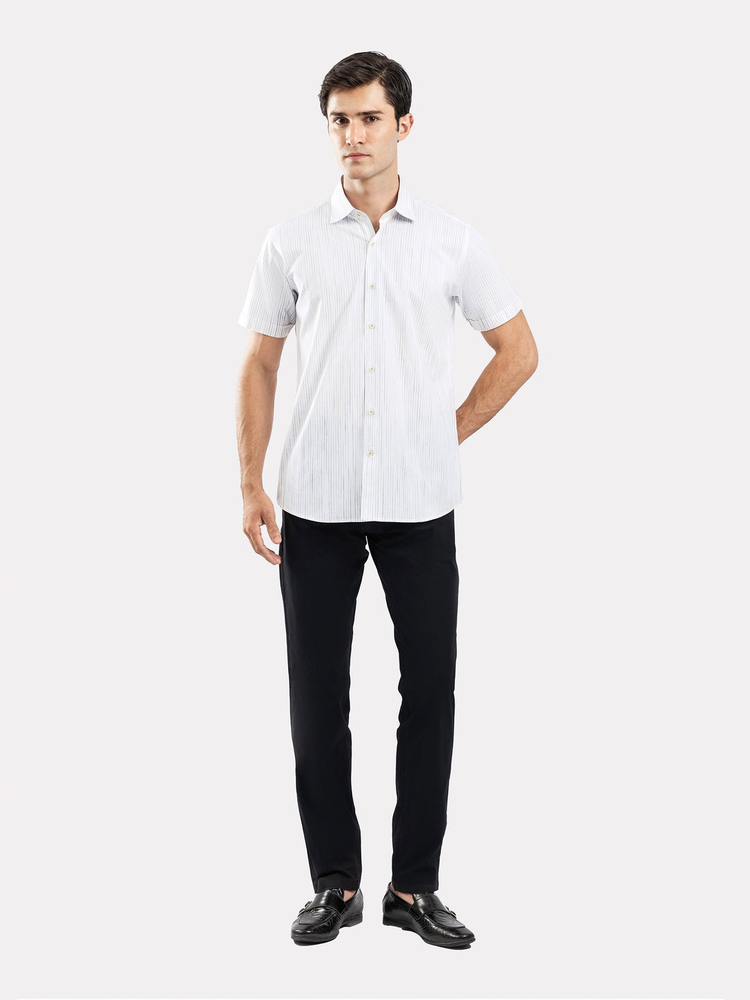 Brumano Ready To Wear Shirts Men 1 Piece Cotton White & Black Striped Half Sleeve Formal Shirt 0-33-025-3365 - Summer Collection