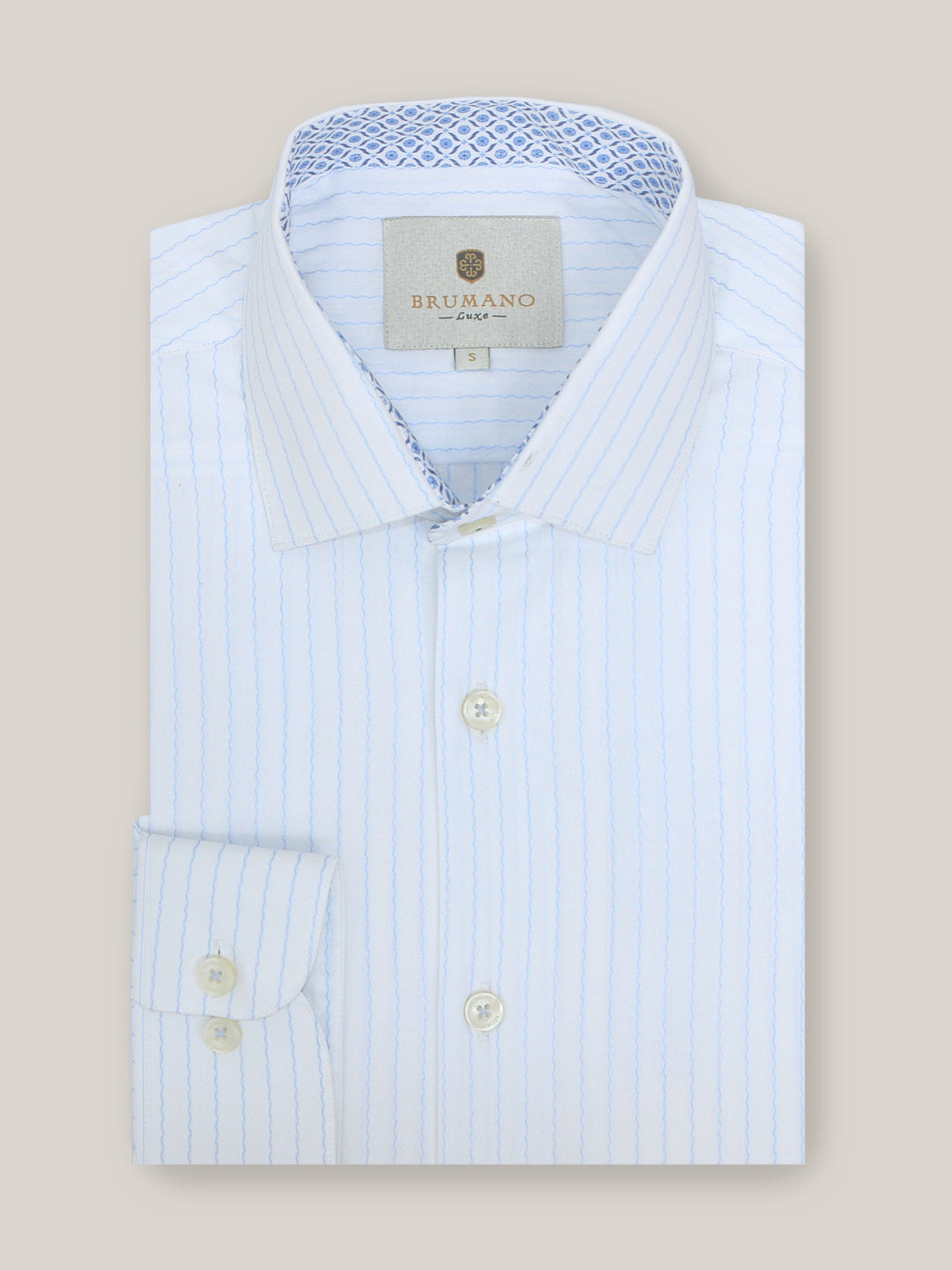 Brumano Ready To Wear Shirts Men 1 Piece Cotton White & Blue Formal Shirt With Printed Collar 0-32-023-2094 - Summer Collection