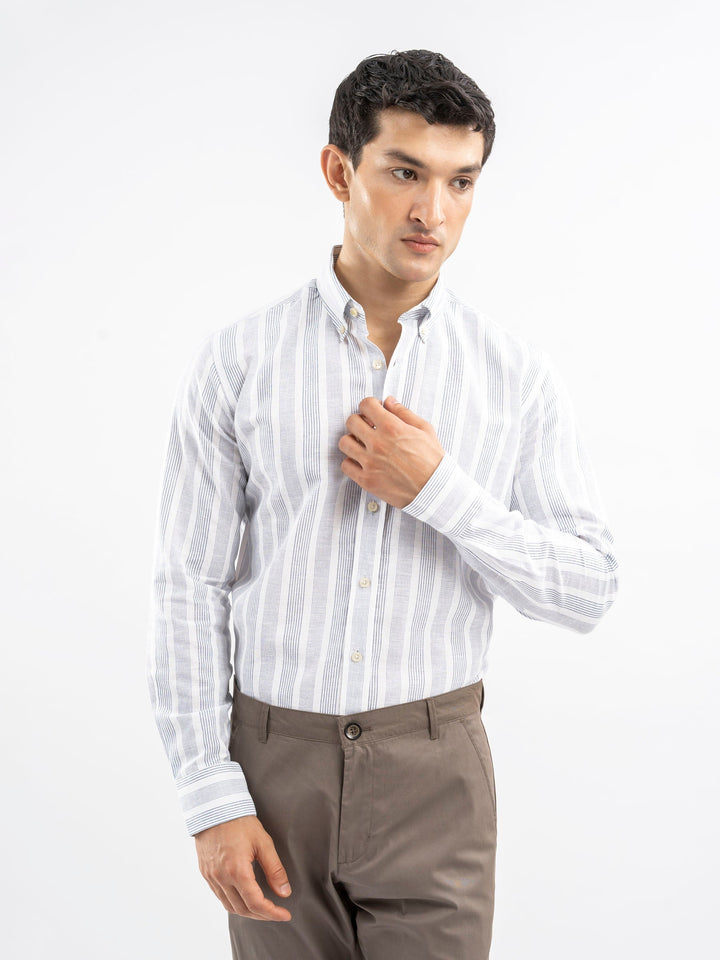 Brumano Ready To Wear Shirts Men 1 Piece Cotton White & Blue Linen Striped Button Down Shirt 0-31-025-4466 - Summer Collection