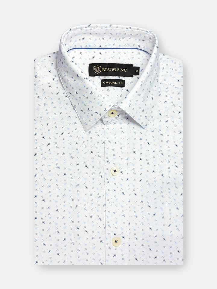 Brumano Ready To Wear Shirts Men 1 Piece Cotton White & Blue Printed Linen Shirt 0-31-025-3676 - Summer Collection