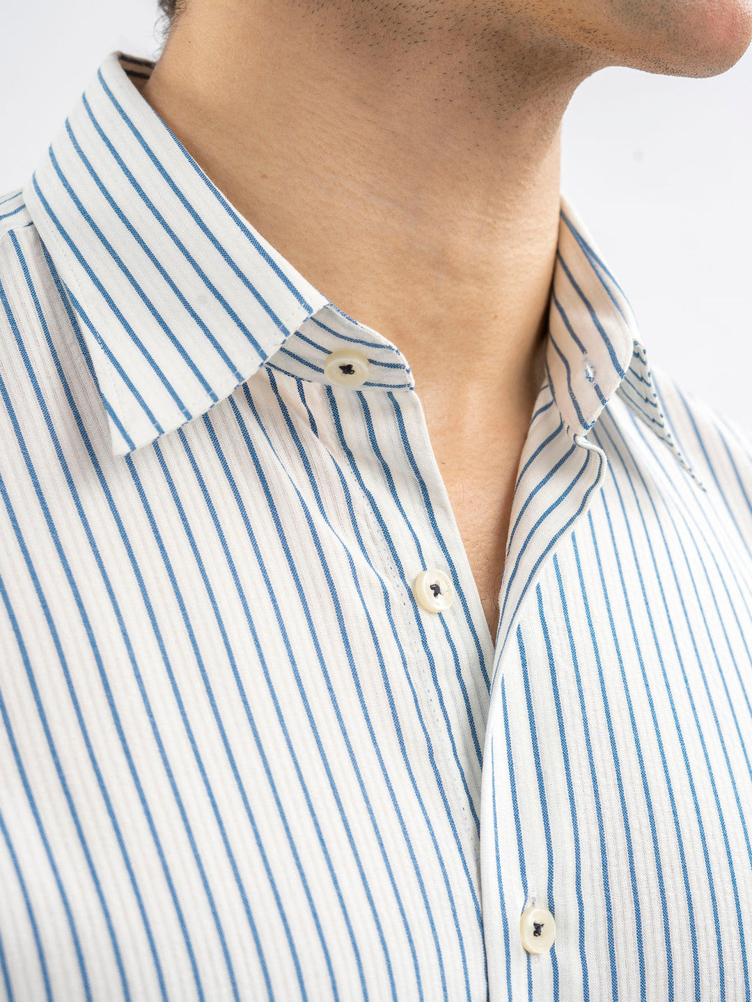 Brumano Ready To Wear Shirts Men 1 Piece Cotton White & Blue Striped Seersucked Half Sleeve Shirt 0-33-025-4179 - Summer Collection