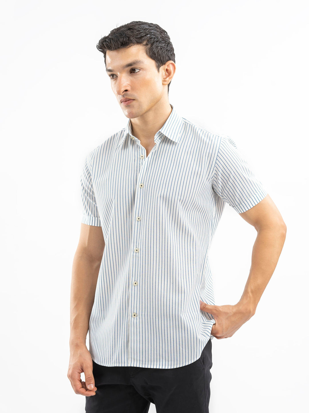 Brumano Ready To Wear Shirts Men 1 Piece Cotton White & Blue Striped Seersucked Half Sleeve Shirt 0-33-025-4179 - Summer Collection