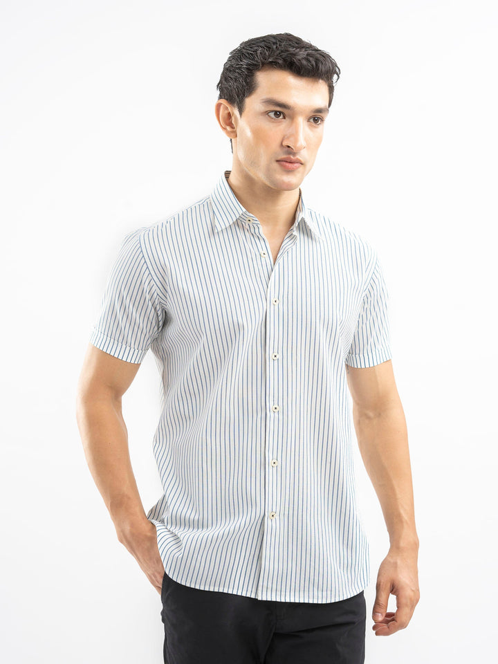 Brumano Ready To Wear Shirts Men 1 Piece Cotton White & Blue Striped Seersucked Half Sleeve Shirt 0-33-025-4179 - Summer Collection