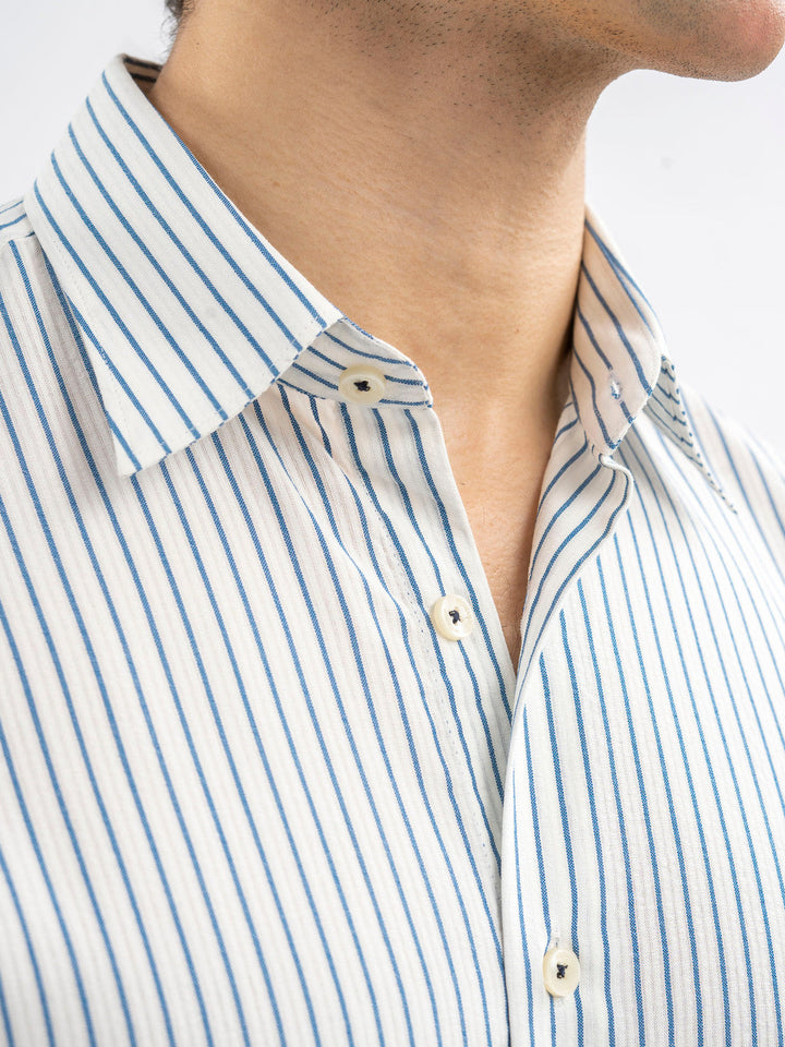 Brumano Ready To Wear Shirts Men 1 Piece Cotton White & Blue Striped Seersucked Half Sleeve Shirt 0-33-025-4179 - Summer Collection