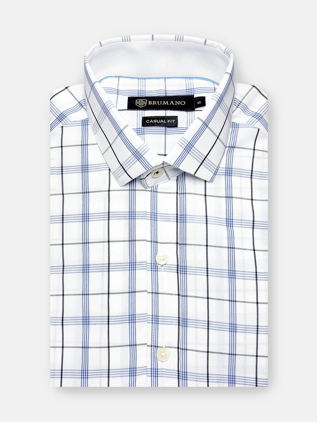 Brumano Ready To Wear Shirts Men 1 Piece Cotton White & Blue Windowpane Formal Checkered Shirt 0-31-025-4484 - Summer Collection