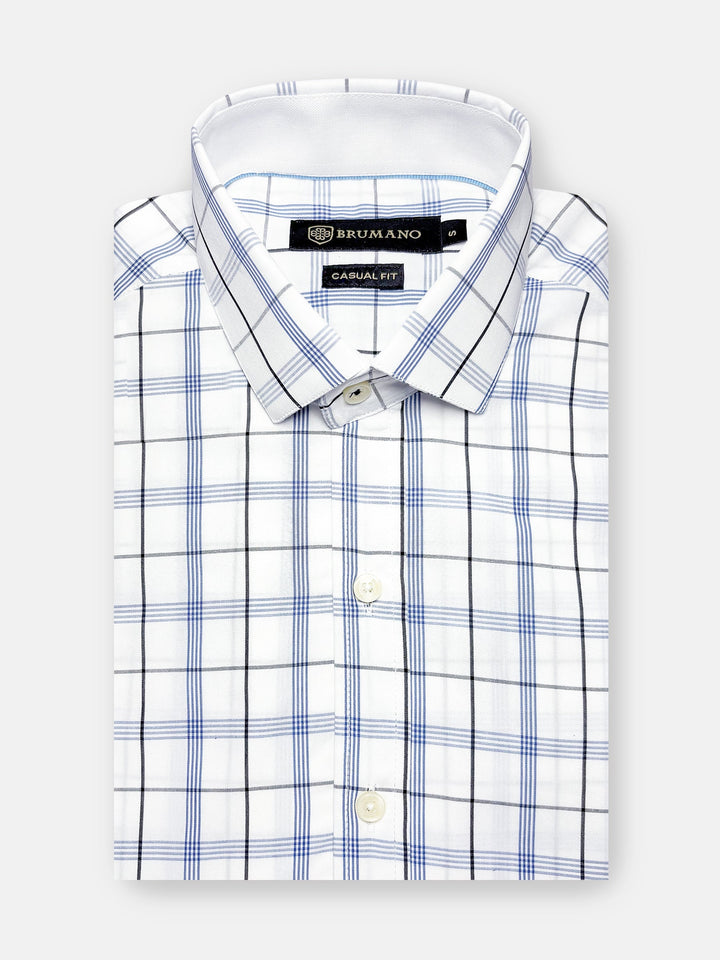Brumano Ready To Wear Shirts Men 1 Piece Cotton White & Blue Windowpane Formal Checkered Shirt 0-31-025-4484 - Summer Collection