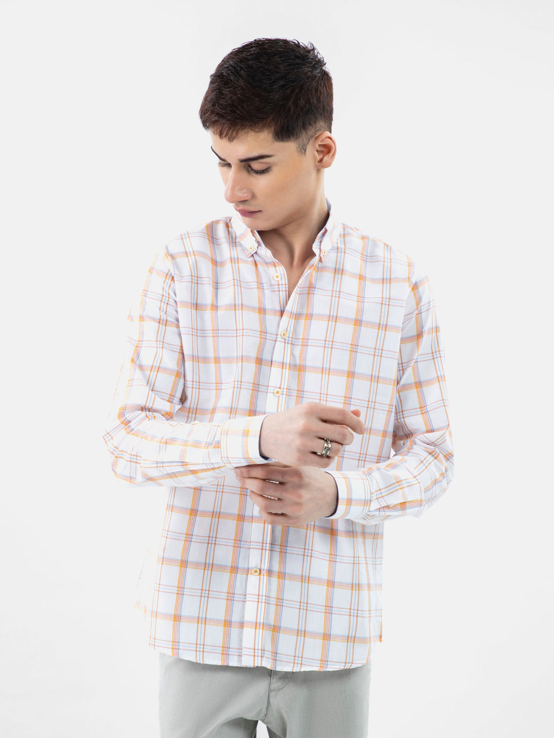 Brumano Mens RTW Solids Cotton Shirt White N Orange Checkered Casual Collection