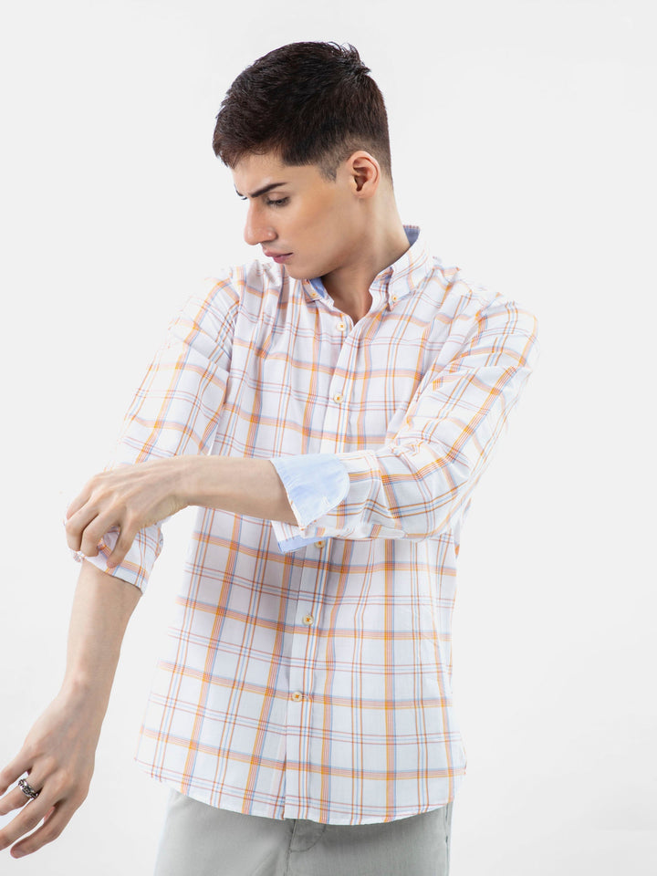 Brumano Ready To Wear Shirts Men 1 Piece Cotton White & Orange Checkered Button Down Shirt 0-31-024-3505 - Summer Collection