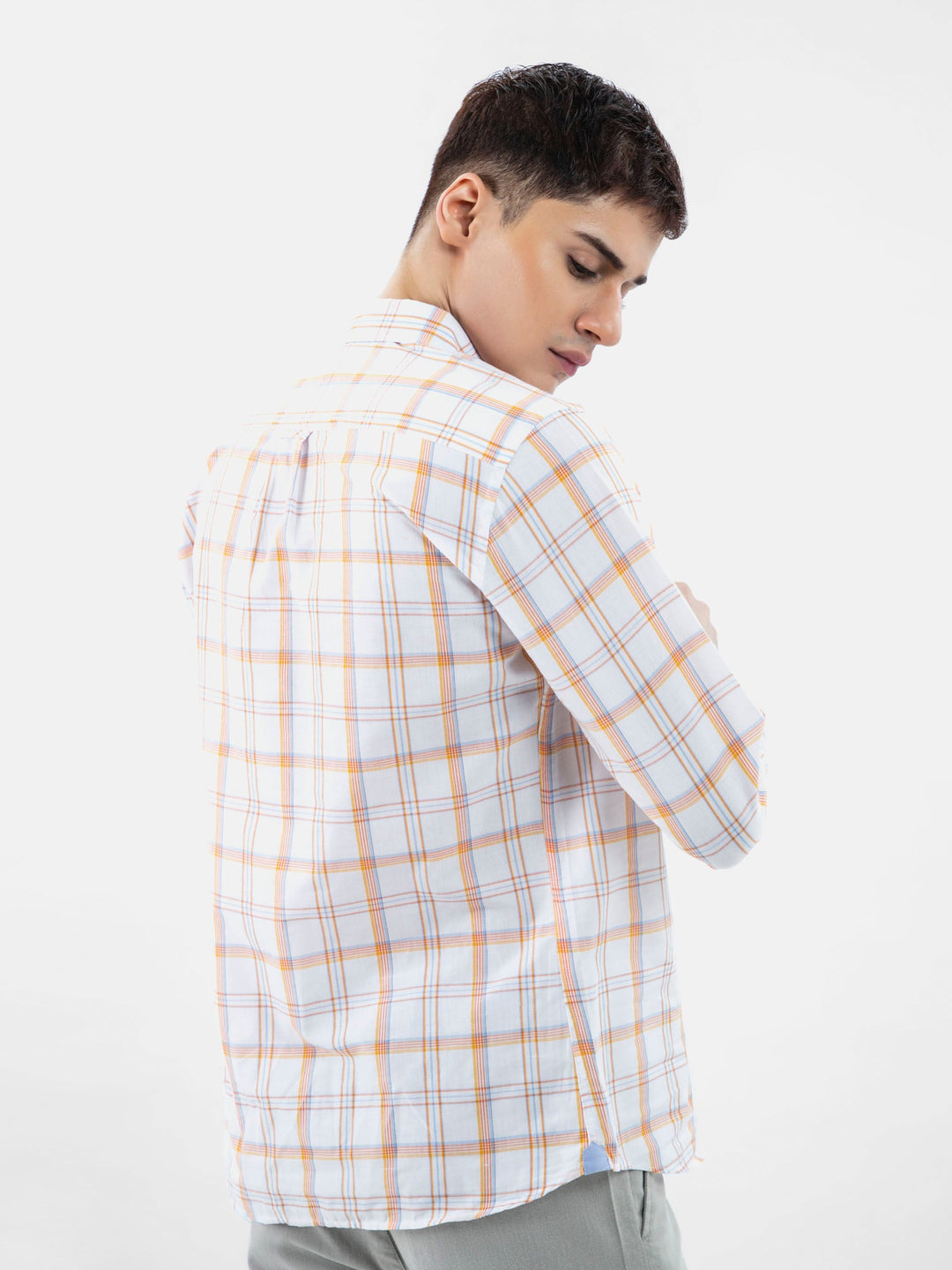 Brumano Ready To Wear Shirts Men 1 Piece Cotton White & Orange Checkered Button Down Shirt 0-31-024-3505 - Summer Collection