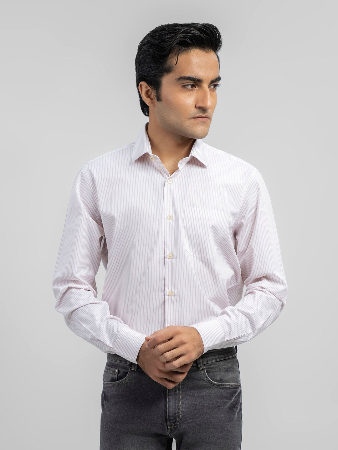 Brumano Mens RTW Solids Cotton Shirt White N Red Striped Casual Collection