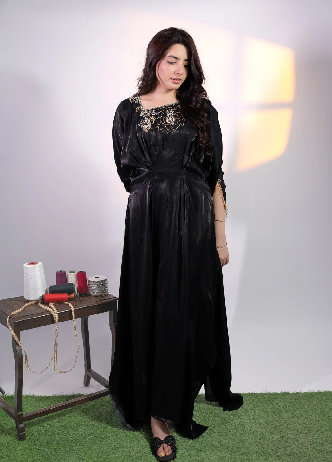 Mataish Women RTW Hand Work Cotton Silk 1 Piece Suit Zar Gul Kaftan Black - Festive Collection