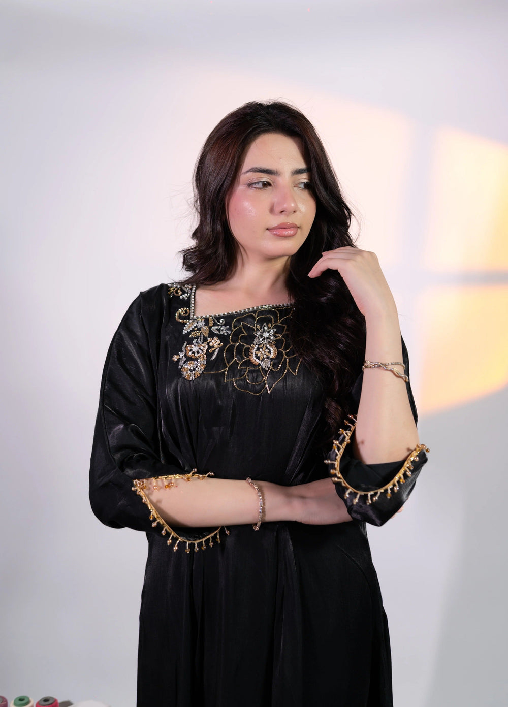 Mataish Women RTW Hand Work Cotton Silk 1 Piece Suit Zar Gul Kaftan Black - Festive Collection