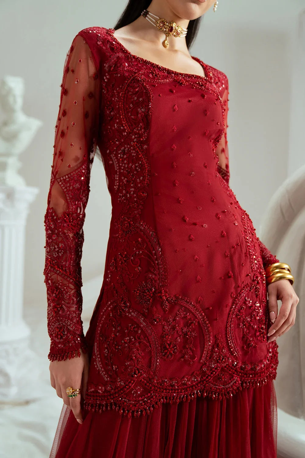 Elyse by Zariya Unstitched Embroidered Net 3 Piece Suit ZA26UEW Maroonique ZSU-6300 - Wedding Collection