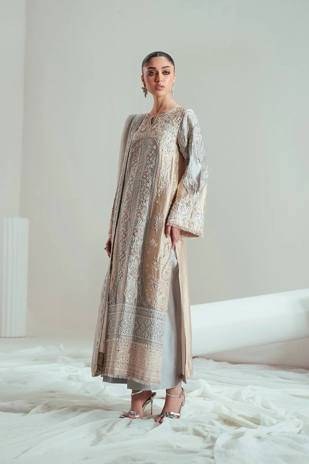 Elyse by Zariya Unstitched Embroidered Net 3 Piece Suit ZA26UEW Dovegray ZSU-6306 - Wedding Collection