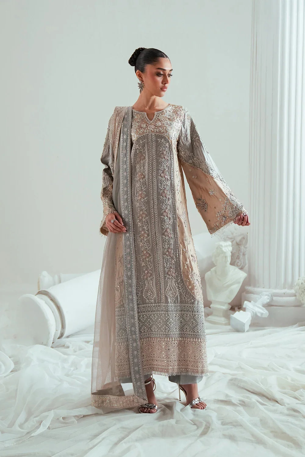Elyse by Zariya Unstitched Embroidered Net 3 Piece Suit ZA26UEW Dovegray ZSU-6306 - Wedding Collection