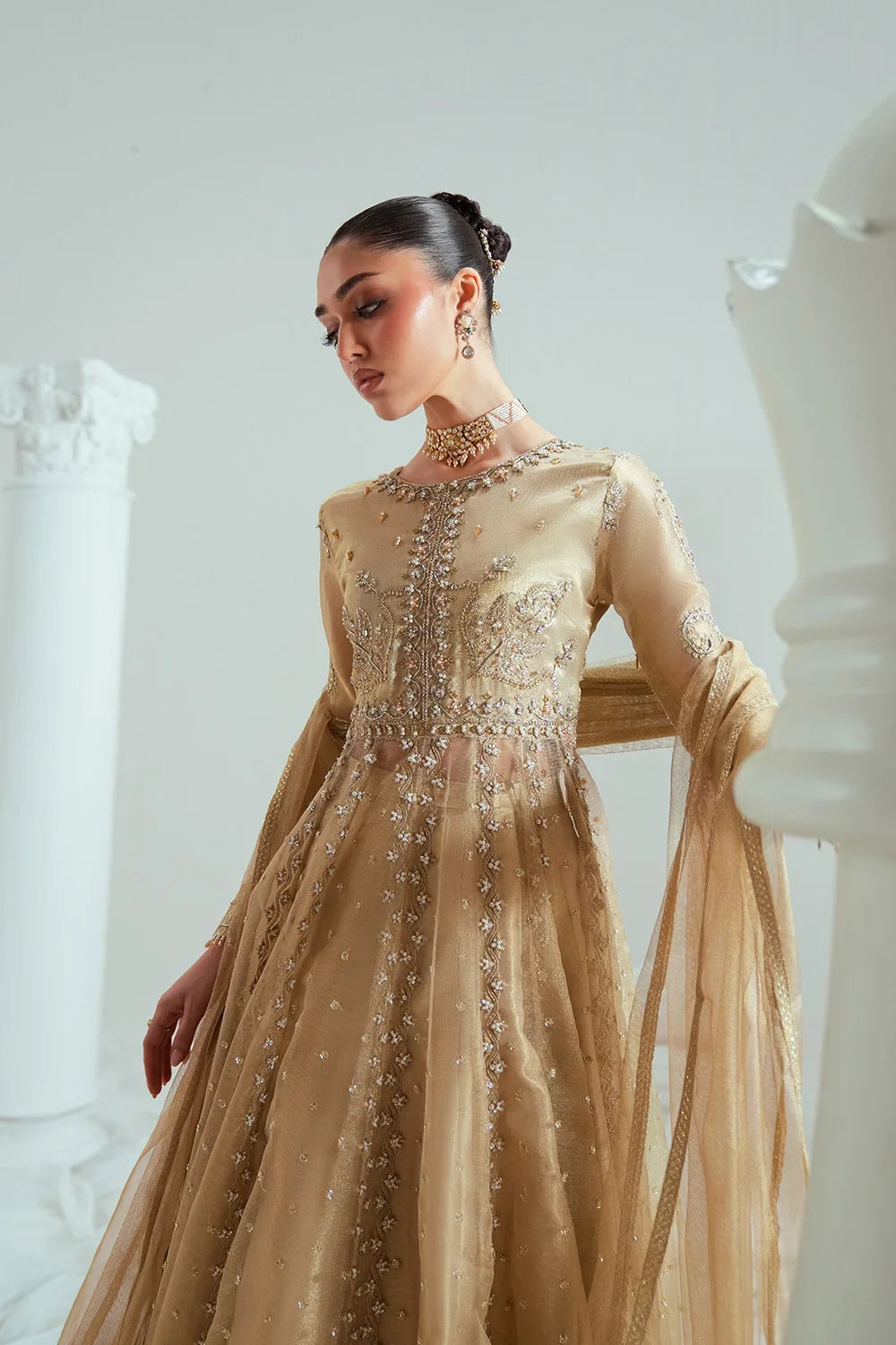 Elyse by Zariya Unstitched Embroidered Net 3 Piece Suit ZA26UEW Aurelia Gold ZSU-6307 - Wedding Collection