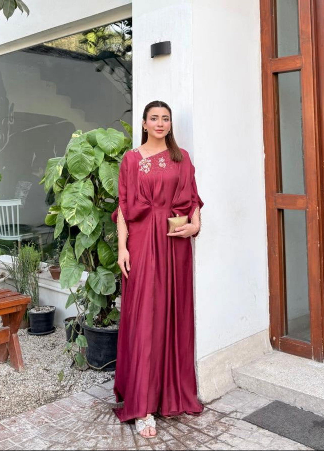 Mataish Women RTW Hand Work Cotton Silk 1 Piece Suit Zar Gul Kaftan Maroon - Festive Collection