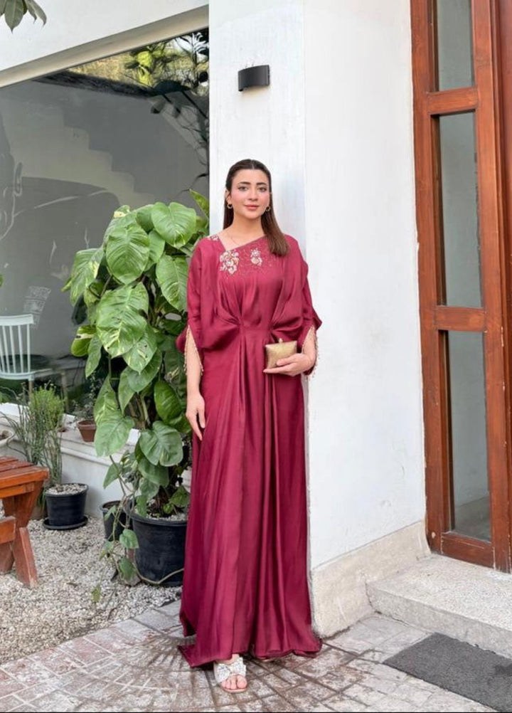 Mataish Women RTW Hand Work Cotton Silk 1 Piece Suit Zar Gul Kaftan Maroon - Festive Collection