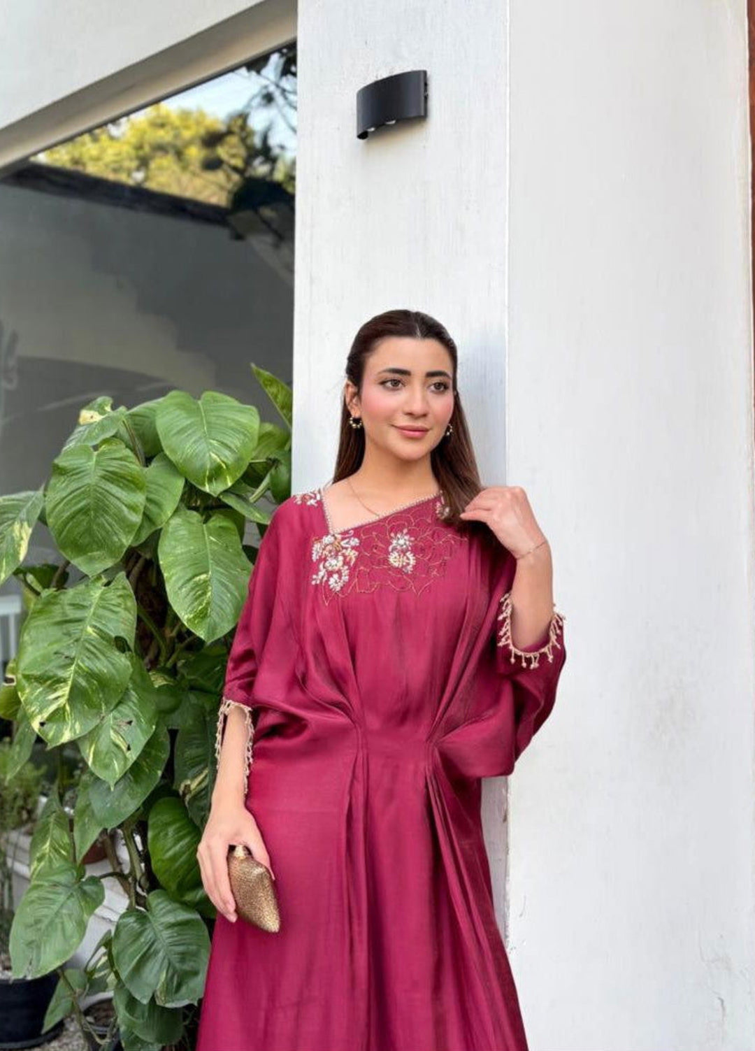 Mataish Women RTW Hand Work Cotton Silk 1 Piece Suit Zar Gul Kaftan Maroon - Festive Collection