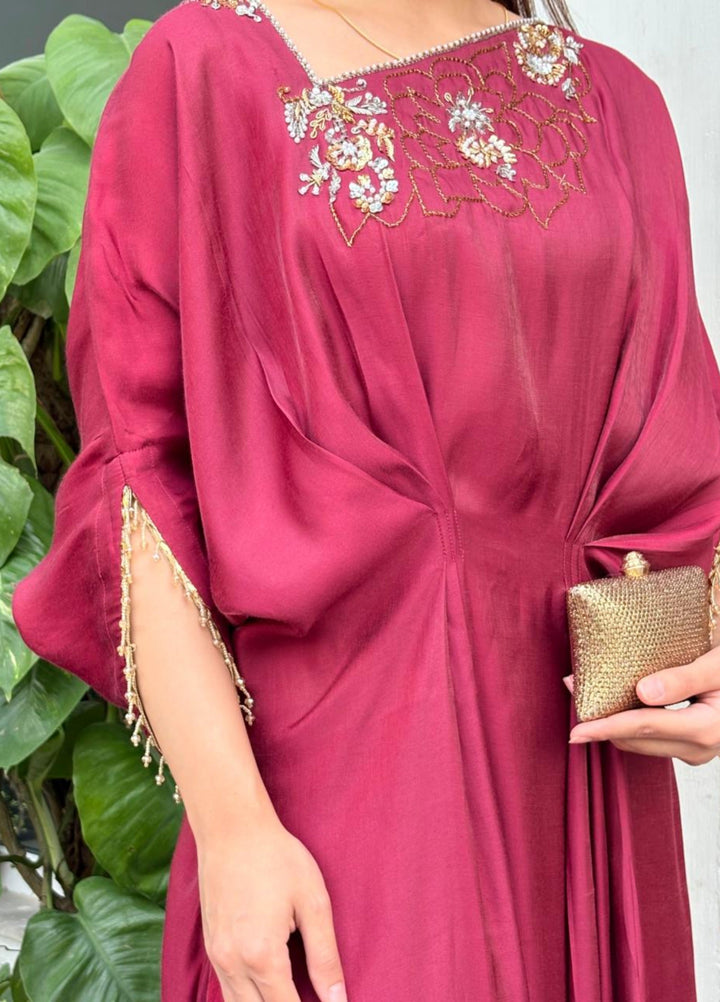 Mataish Women RTW Hand Work Cotton Silk 1 Piece Suit Zar Gul Kaftan Maroon - Festive Collection