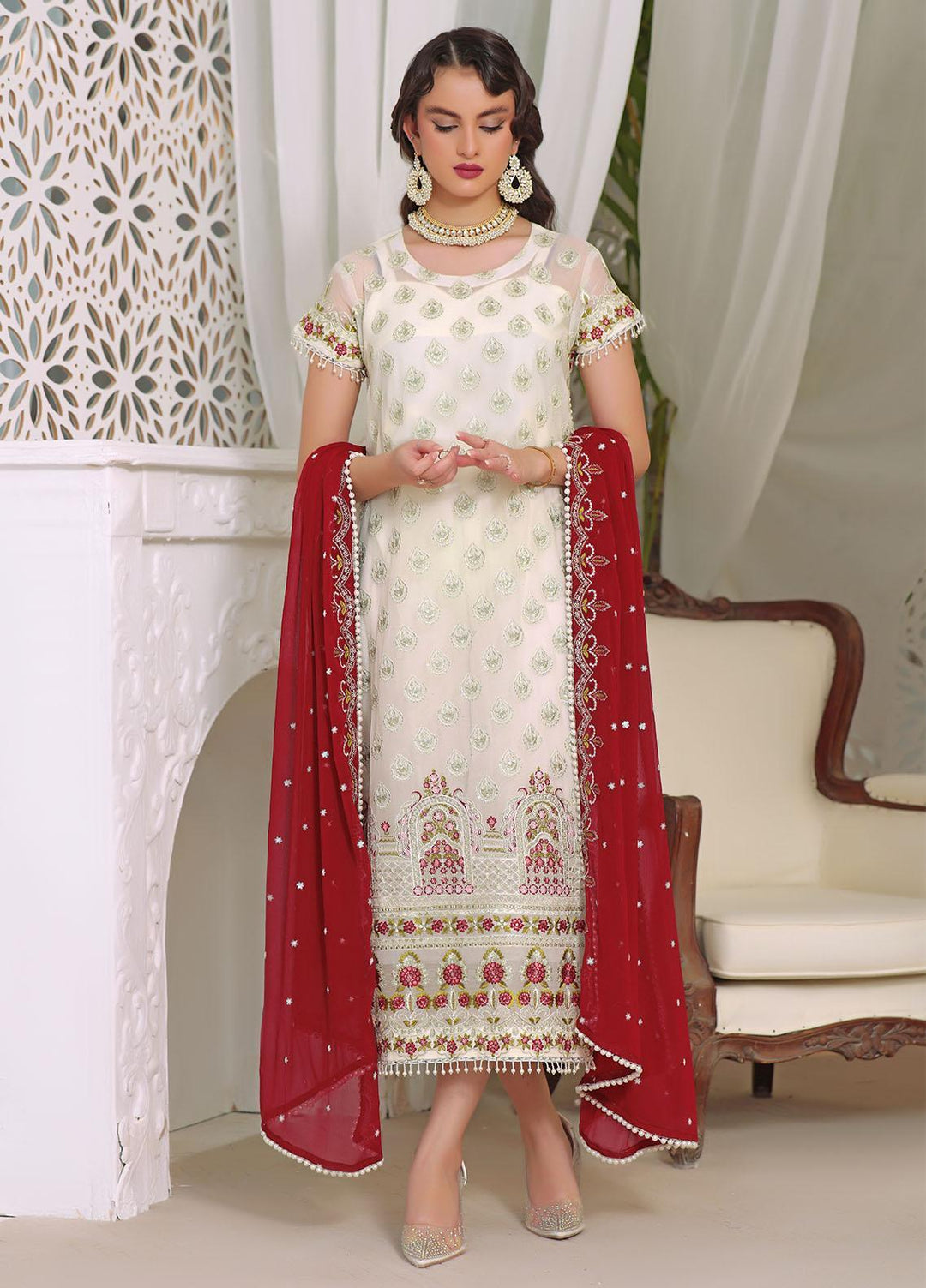 Aaina By Awwal Embroidered Chiffon Suits Unstitched 3 Piece AW23A D-01 Aaqs - Luxury Collection