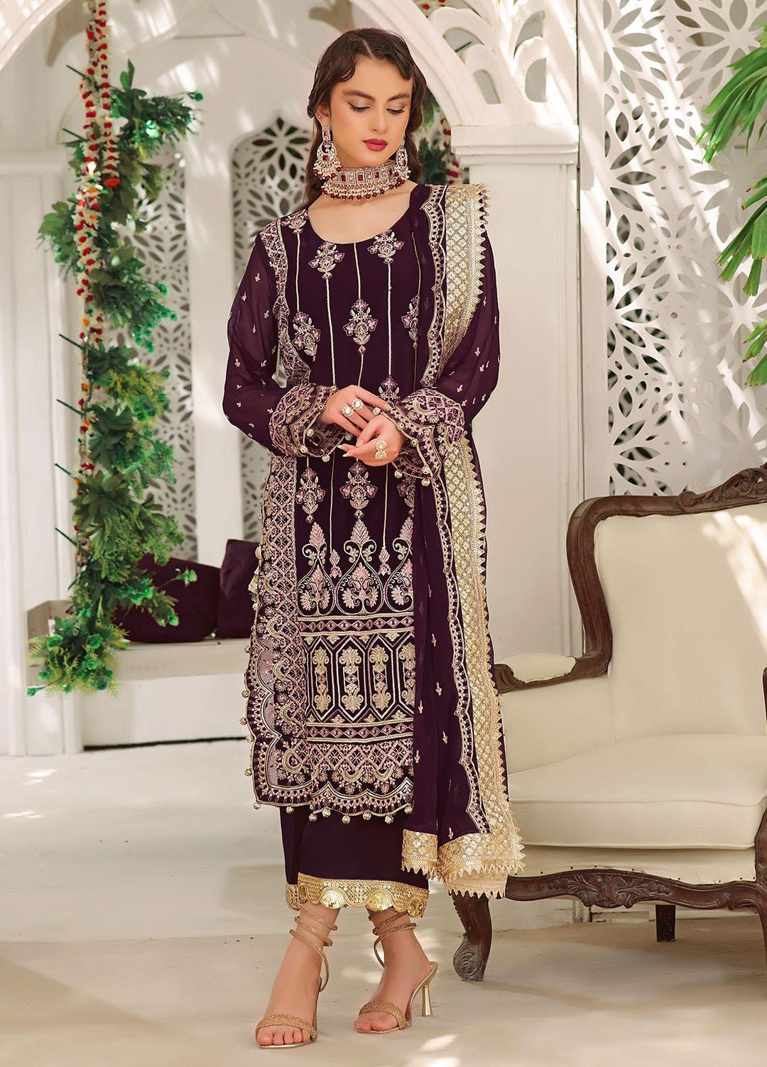 Aaina By Awwal Embroidered Chiffon Suits Unstitched 3 Piece AW23A D-04 Dilaab - Luxury Collection