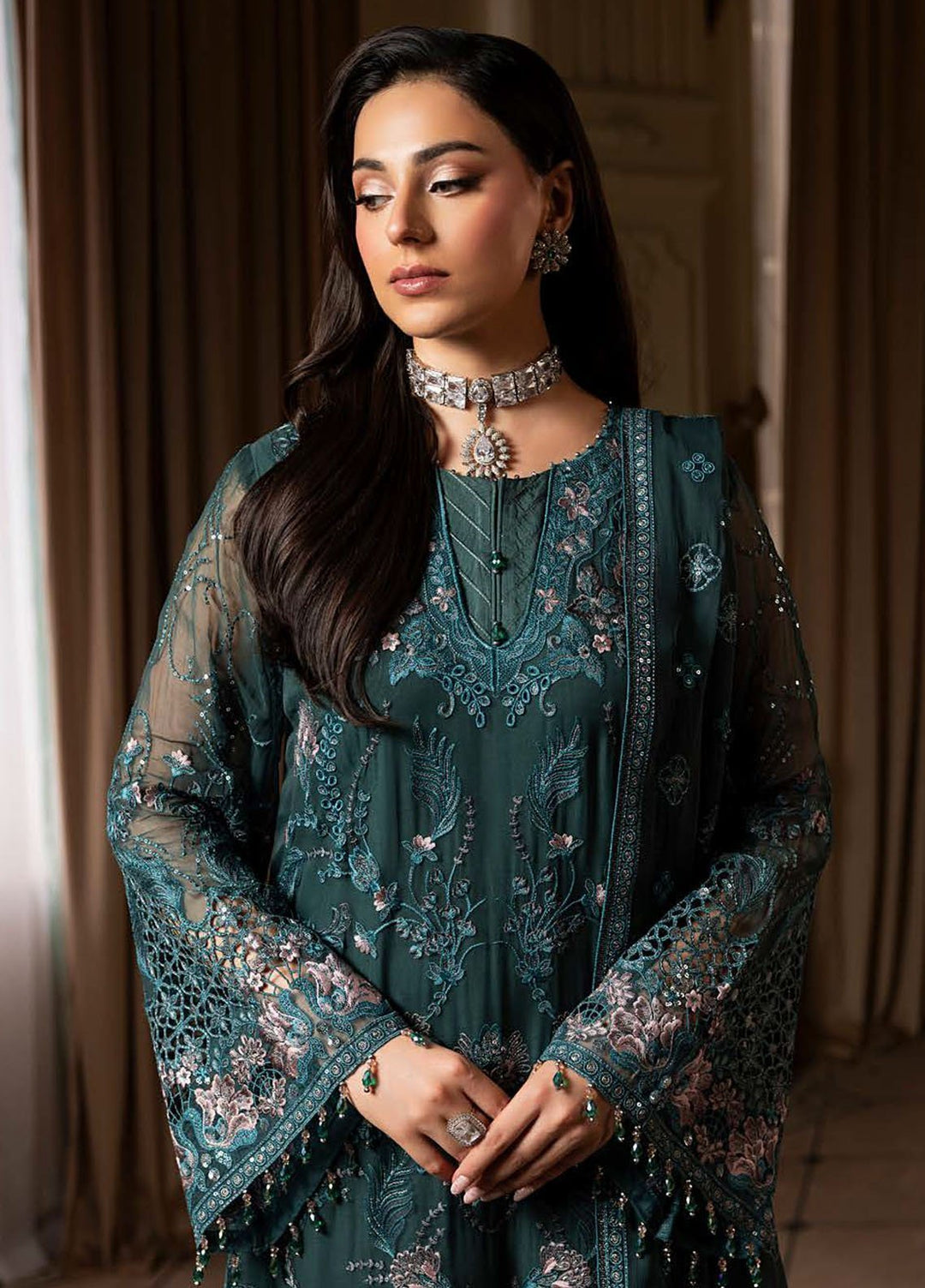 Aashnai by Lavish Embroidered Chiffon Suits Unstitched 3 Piece LVP24AC D-03 Deep Forest - Formals Collection
