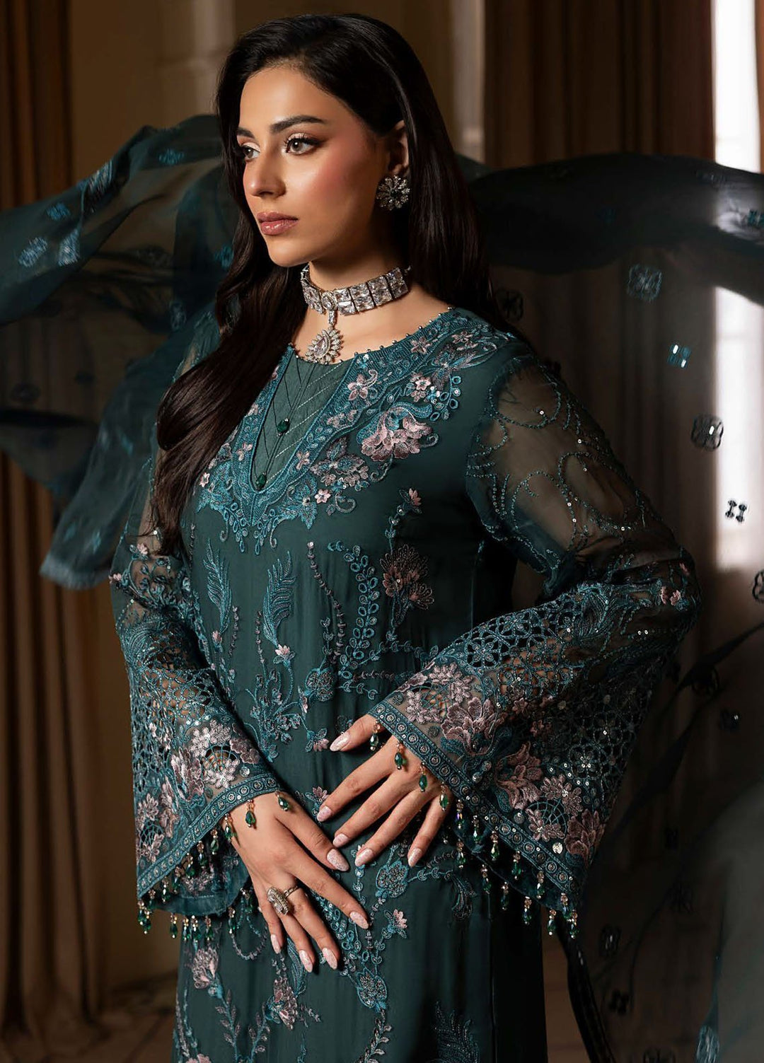 Aashnai by Lavish Embroidered Chiffon Suits Unstitched 3 Piece LVP24AC D-03 Deep Forest - Formals Collection
