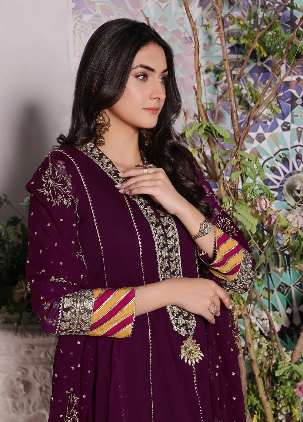 Abaan Zohan Pret Embroidered Chiffon 3 Piece Suit Hoor Purple