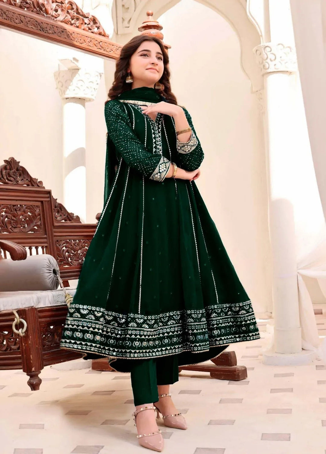 Abaan Zohan Pret Embroidered Chiffon 3 Piece Suit Kashish Kids Kaai Green