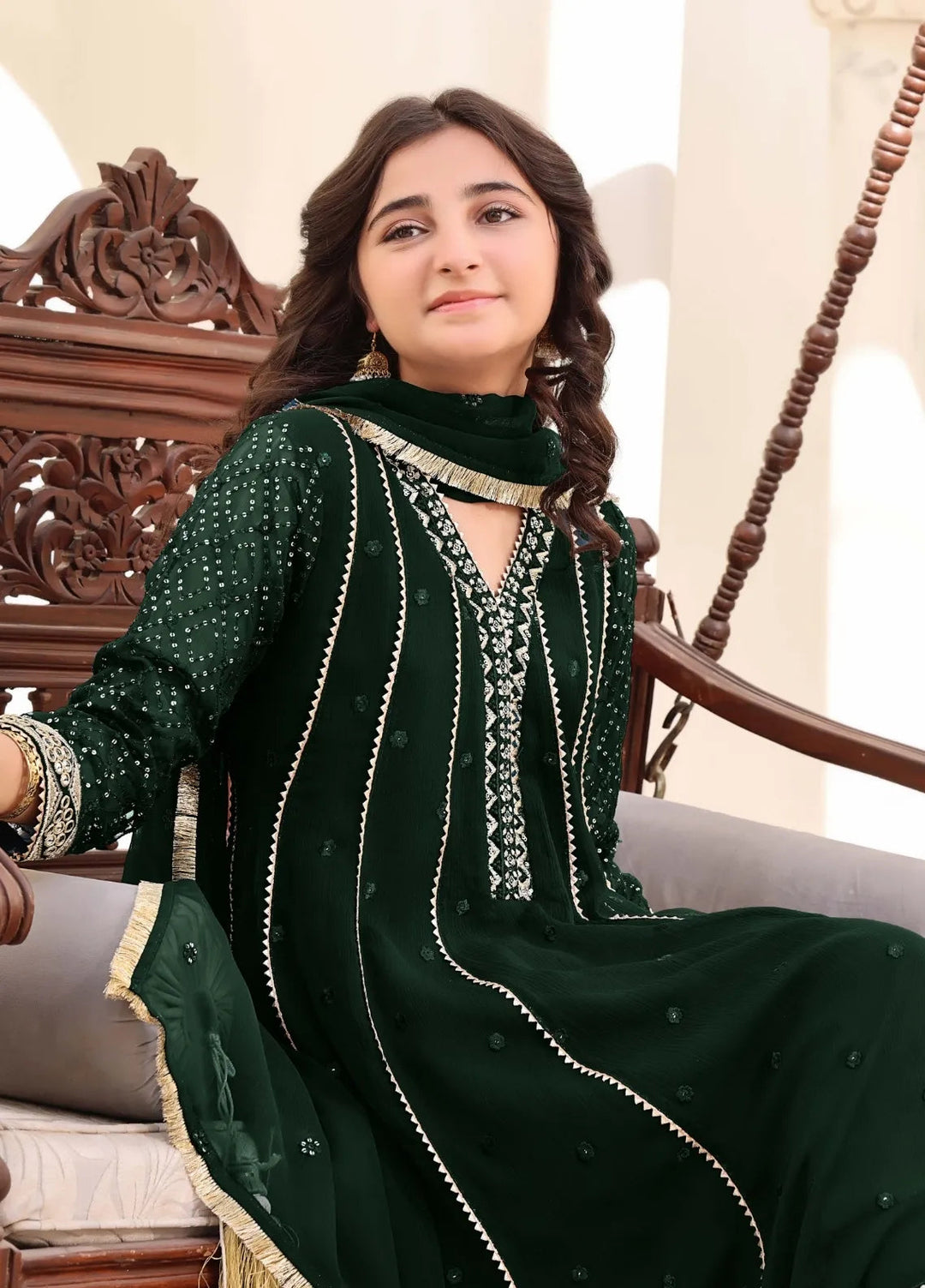 Abaan Zohan Pret Embroidered Chiffon 3 Piece Suit Kashish Kids Kaai Green