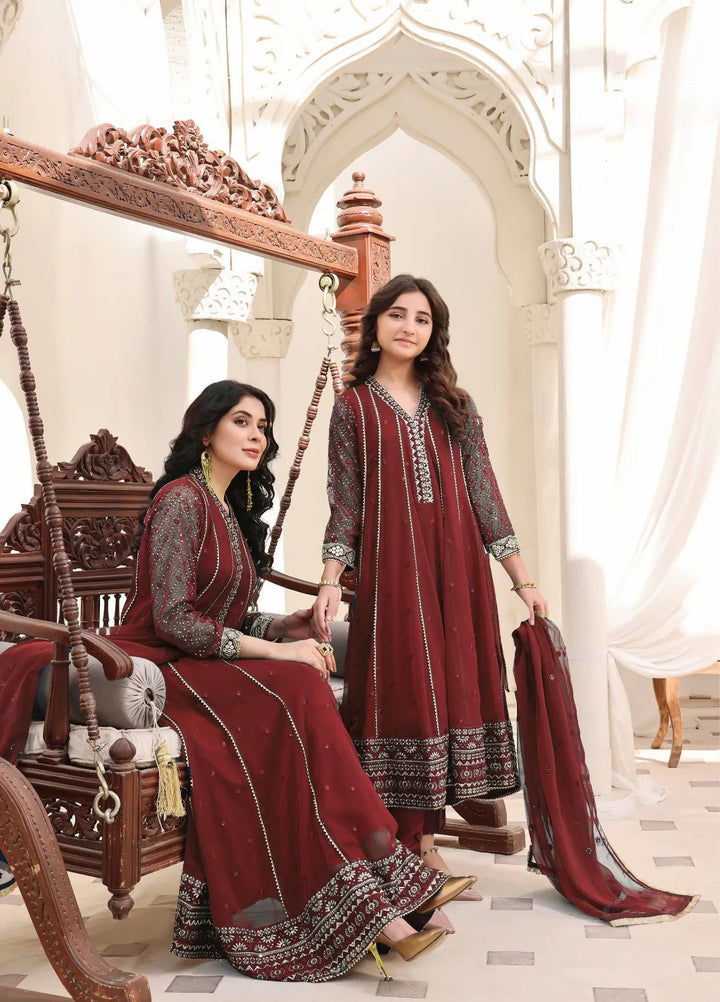 Abaan Zohan Pret Embroidered Chiffon 3 Piece Suit Kashish Kids Maroon