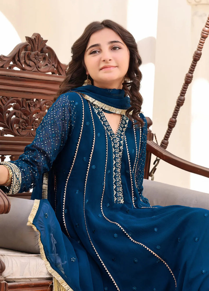 Abaan Zohan Pret Embroidered Chiffon 3 Piece Suit Kashish Kids peacock