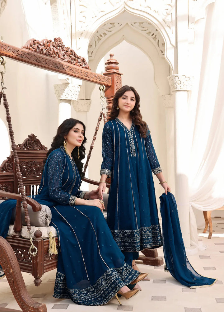 Abaan Zohan Pret Embroidered Chiffon 3 Piece Suit Kashish Kids peacock