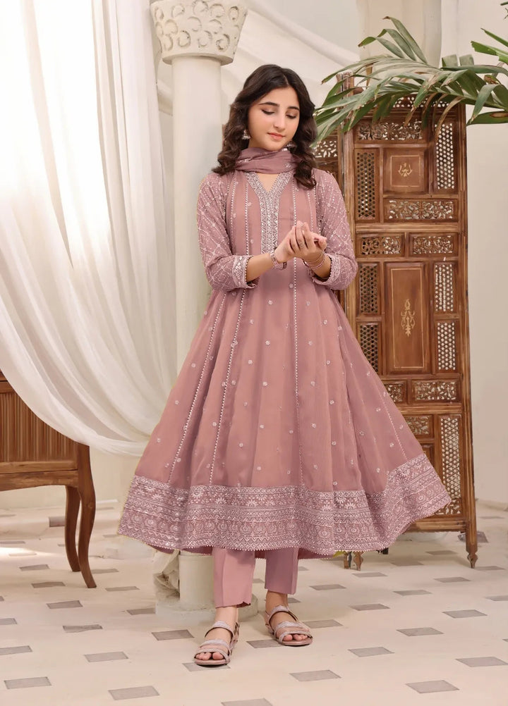 Abaan Zohan Pret Embroidered Chiffon 3 Piece Suit Kashish Kids Tea pink