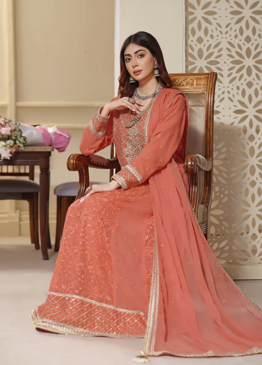 Abaan Zohan Pret Embroidered Chiffon 3 Piece Suit Mehraab Tea Pink