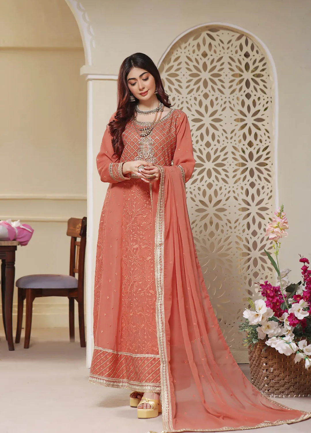 Abaan Zohan Pret Embroidered Chiffon 3 Piece Suit Mehraab Tea Pink