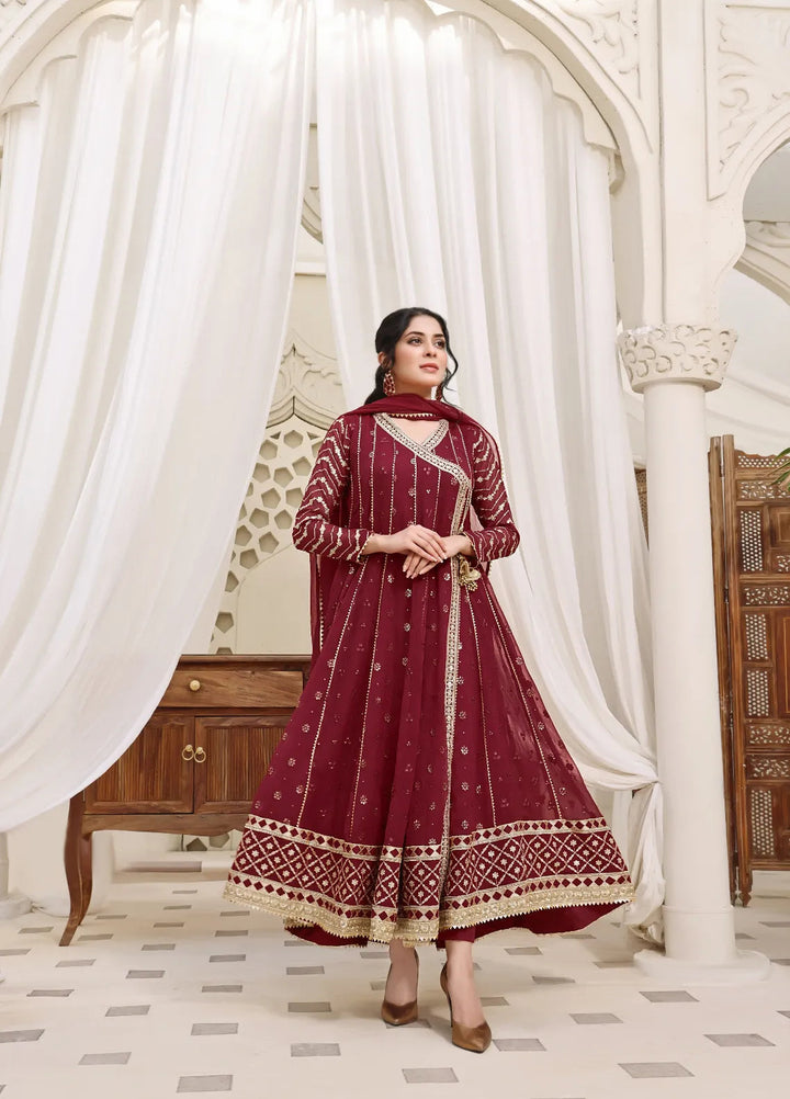 Abaan Zohan Pret Embroidered Chiffon 3 Piece Suit Nayaab Maroon