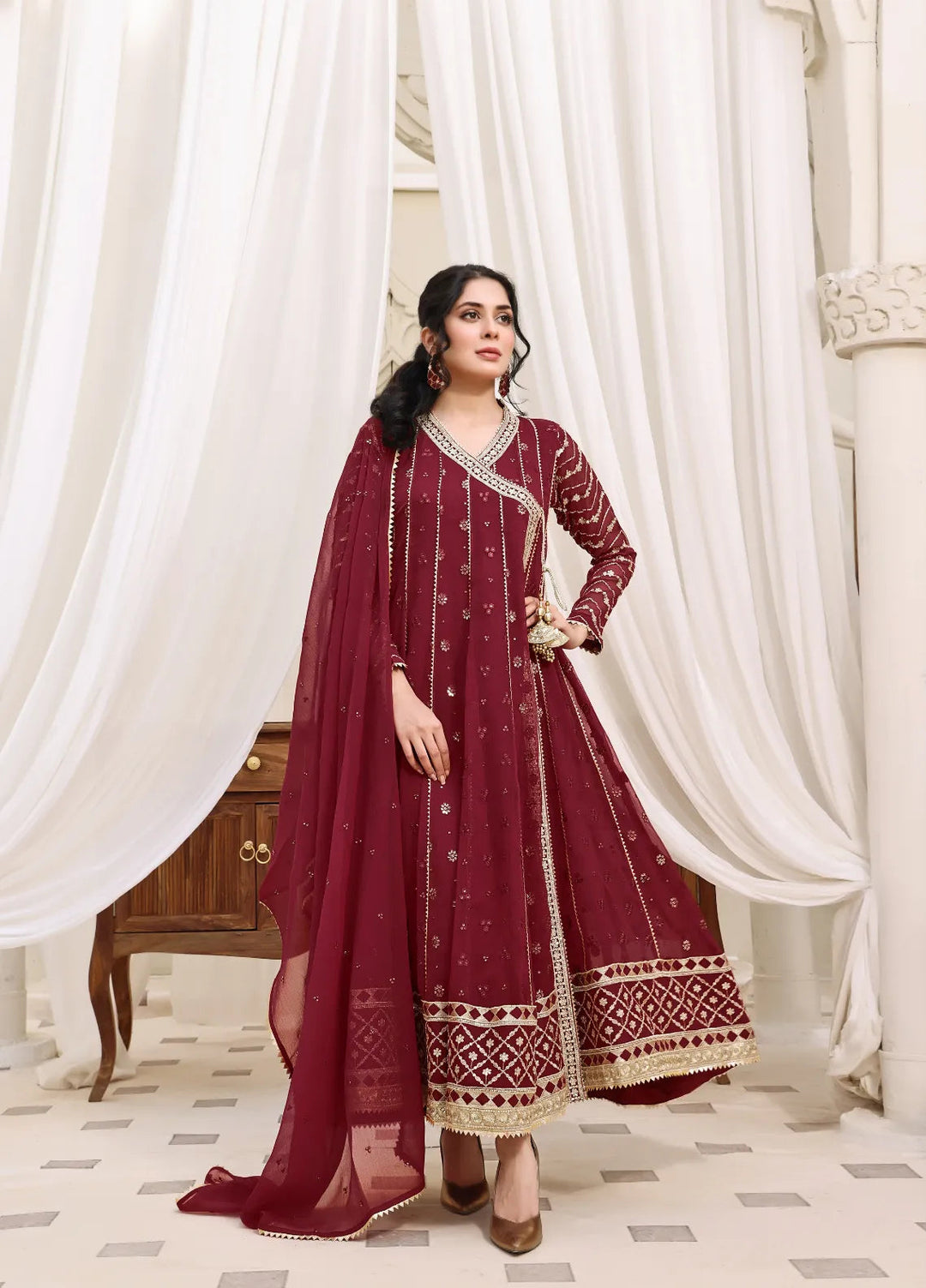 Abaan Zohan Pret Embroidered Chiffon 3 Piece Suit Nayaab Maroon