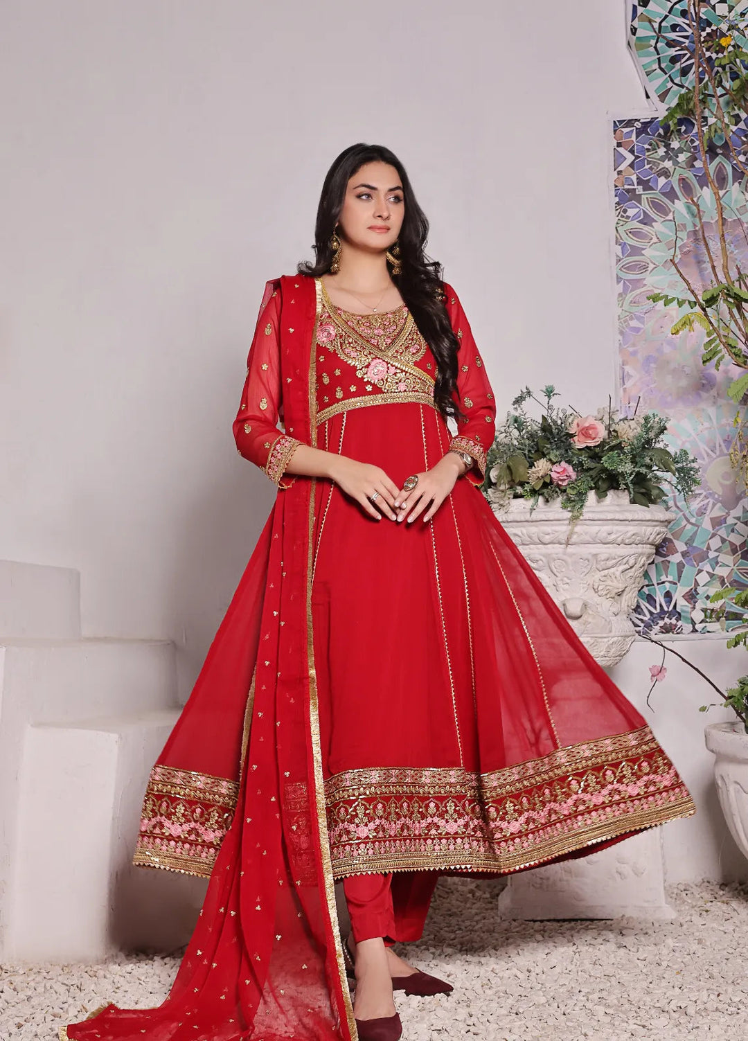 Abaan Zohan Pret Embroidered Chiffon 3 Piece Suit Noori Red