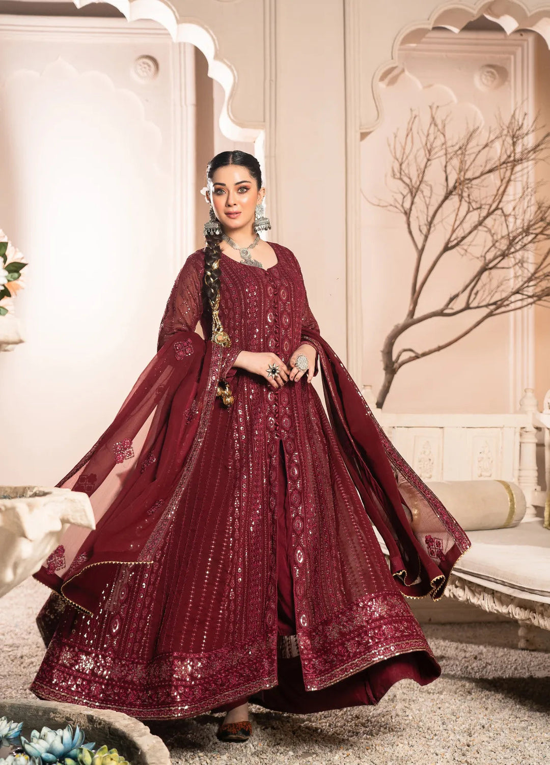 Abaan Zohan Pret Embroidered Chiffon 3 Piece Suit Riwaj Maroon