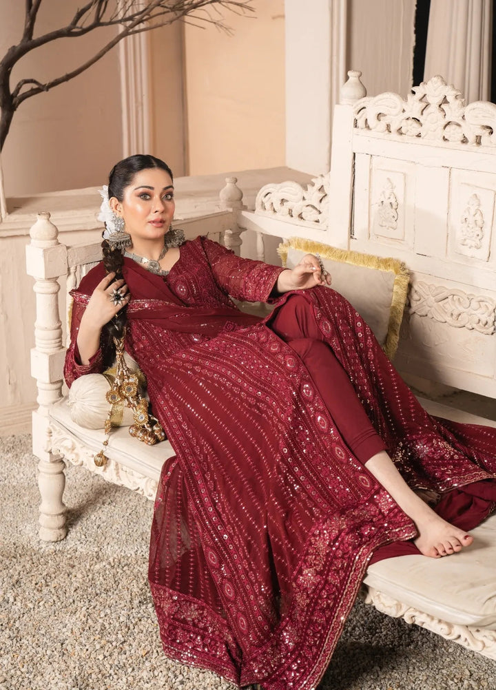 Abaan Zohan Pret Embroidered Chiffon 3 Piece Suit Riwaj Maroon