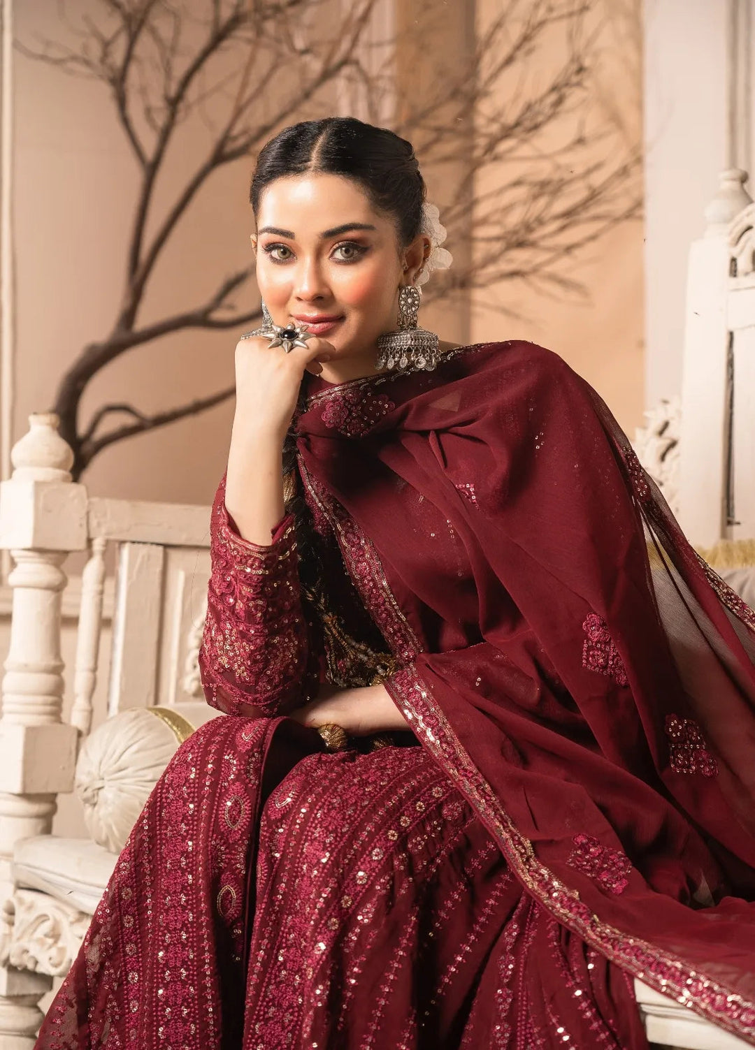Abaan Zohan Pret Embroidered Chiffon 3 Piece Suit Riwaj Maroon