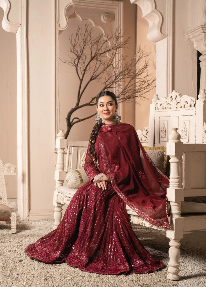Abaan Zohan Pret Embroidered Chiffon 3 Piece Suit Riwaj Maroon