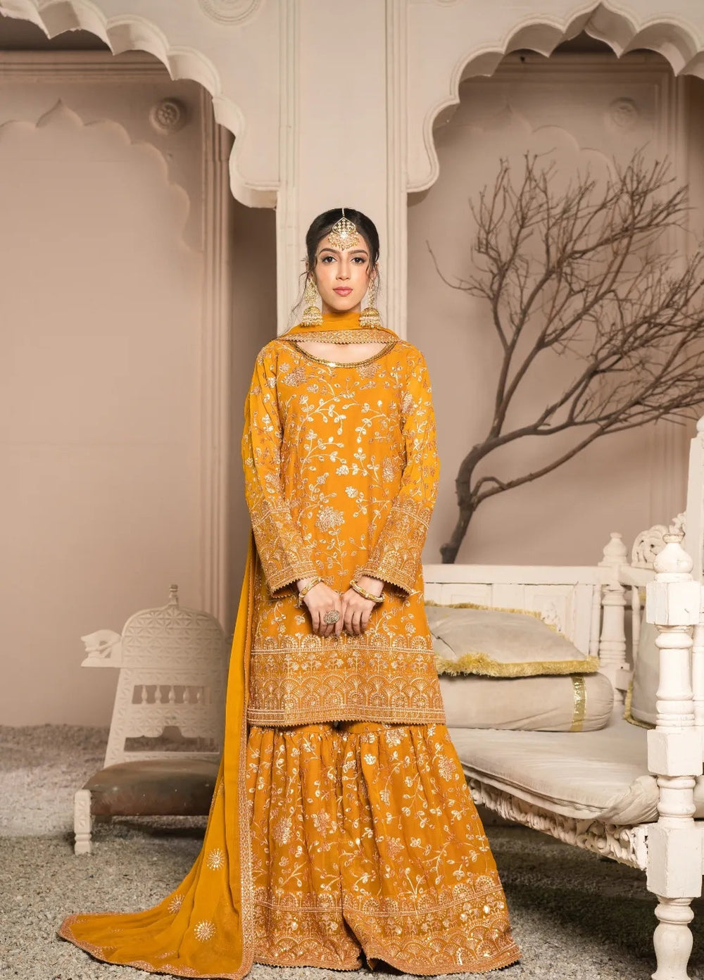 Abaan Zohan Pret Embroidered Chiffon 3 Piece Suit Riwaj Mustard