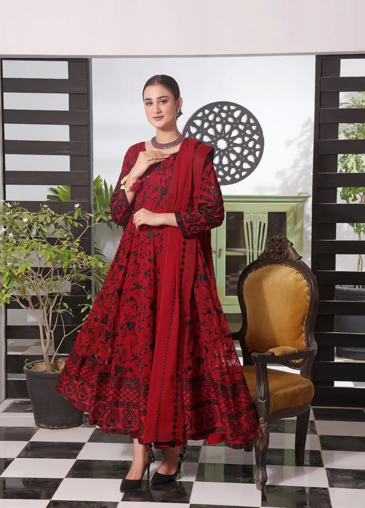 Abaan Zohan Pret Embroidered Chiffon 3 Piece Suit Siyaah Red