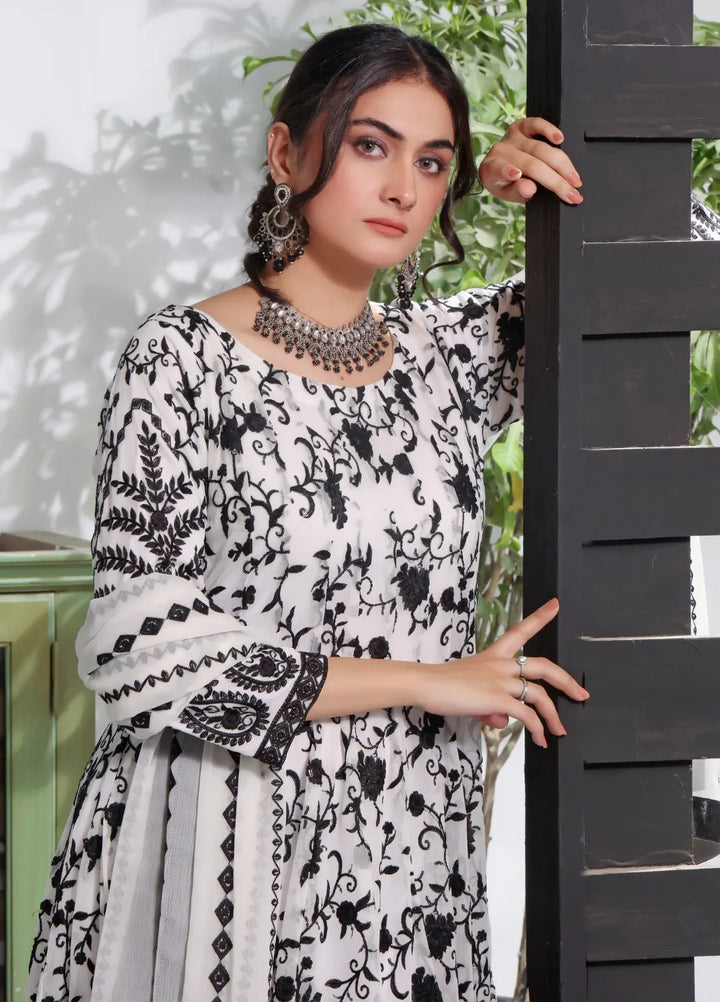 Abaan Zohan Pret Embroidered Chiffon 3 Piece Suit Siyaah White